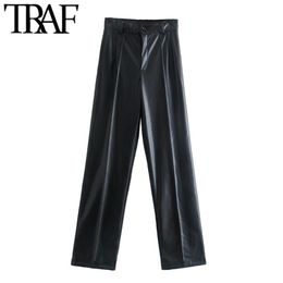 TRAF Women Fashion Faux Leather Straight Pants Vintage High Waist Zipper Fly Female Trousers Mujer 211124