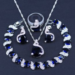 Silver Color Jewelry Blue Zircon White CZ Jewelry Sets For Women Earrings/Pendant/Necklace/Rings/Bracelet H1022