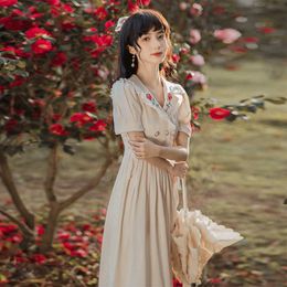 YOSIMI Vintage Beige Chiffon Embroidery Dres Elegant Summer A-Line Mid-calf Fit and Flare Short Sleeve Bandage 210604