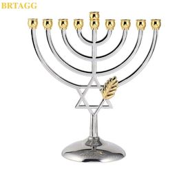 BRTAGG Hanukkah Menorah Silver Colour Full Size Non Tarnish - Je 9 Branch Candlestick Candle Holders Crismas Holy Land Gift 211108