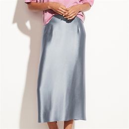 Vintage Korean Silky Satin Office Lady Skirts Elegant High Waist Mid-calf Long Soft Smooth Summer Autumn M30541 210619