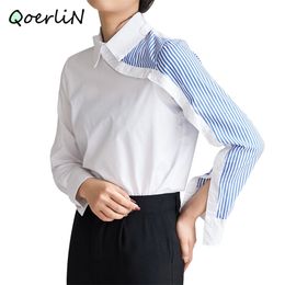 Fashion Design Blue Striped Patchwork Elegant White Blouse Women Autumn Irregular Women's Cotton Shirt Plus Size 210601