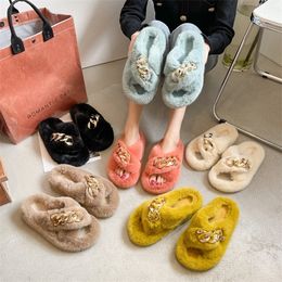 Sexy Fashion Cross Band Chain Design Ladies Fur Slippers Winter House Bedroom Flat Girls Plush Shoes Women Fluffy Slippers Y1120