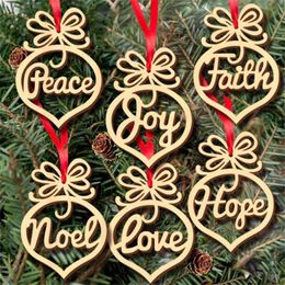 6pcs Christmas Letter Pendant Wooden Tree Crafts Heart-shaped Bubble Pattern Hollow Pendants Holiday Decoration WH0007