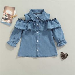 Children Girls Casual Fashion Long Sleeve Denim Dress, Toddler Baby Fall Party Fashion Solid Color Ruffles Single-breasted Dress G1026