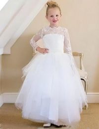 Pure White Tulle First Communion Gowns with Bow Back Custom Made Flower Girl Dress For Special Occasion Cheap Kids Prom