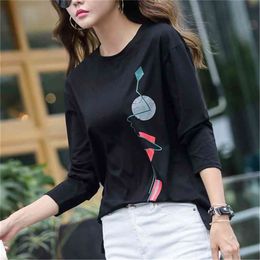 Spring Loose Cotton T-shirt Women Print Split Long Sleeve Casual Tops For Tee ropa mujer T01101Y 210421