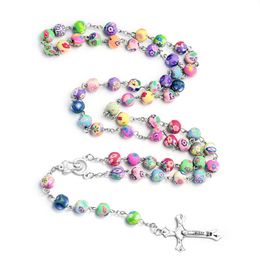 Pendant Necklaces Colourful Soft Pottery Cross Necklace Pattern Beads Catholic Prayer Jesus Christian Rosary Gothic Punk