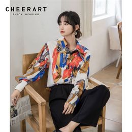 Fall Women Long Sleeve Korean Blouse Button Up Collar Shirt Ladies Top Color Block Print Loose Clothing 210427