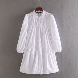 women elegant hollow out embroidery casual white shirtdress female long sleeve lace edge vestidos chic mini dresses DS3435 210325