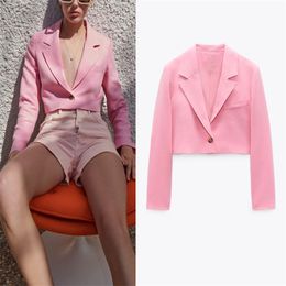 ZA Pink Cropped Blazer Woman Shoulder Pads Long Sleeve Office Lady Blazers Coat Women Fashion Single Button Ourerwear Top 211006