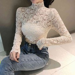 Womens Tops And Blouses Sexy Turtleneck Lace Shirt Women Camisas Mujer Ladies Tops Long Sleeve Black White Blouse Women 210515
