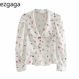 Ezgaga Women Shirts Autumn New Turn-Down Collar Long Sleeve Printed White Tops Female Sweet Blouse Fashion Casual 210430