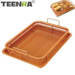 TEENRA Copper Baking Tray Oil Frying Baking Pan Non-stick Chips Basket Baking Dish Grill Mesh Kitchen Tools 211110