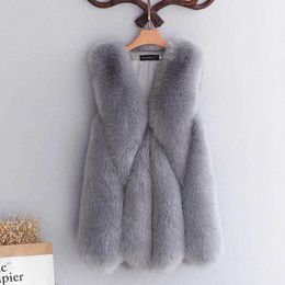 Faux fur Coat Women Winter Warm Mid-Length Fur Vest Fluffy Top with Hooded Jacket 210531
