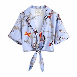 Women Fashion Printing Tailored Collar Loose Knotted Shirt Female Short Sleeve Blouse Casual Lady Crop Tops Blusas S8751 210430