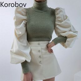 Korobov Korean Chic Vintage Puff Sleeve Pathwork Sweaters Knit Slim Elastics Sueter Mujer OL Hit Color Turtleneck Pullover 210430