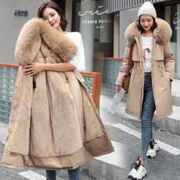 Forro de algodão parker parka moda ajustável cintura gola de pele jaqueta de inverno feminino médio longo casaco com capuz