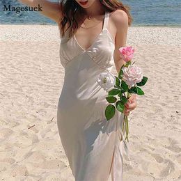 Plus Size Sexy Party Summer Women Dress V-neck Sling Satin Bandage Sleeveless Holiday Beach Vestidos 14580 210512