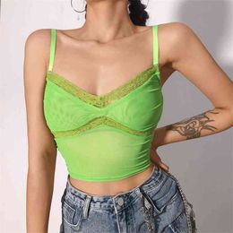 green lace cami Australia - Sexy Green Mesh Y2k Cami Top Women Sleeveless Patchwork Lace Spaghetti Strap Crop Top Backless V-neck Tank Top Debardeur Femme 210325