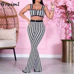 Loungewear Women Houndstooth Casual Sleeveless Slim Two Piece Outfits for Zipper Fashion Exposed Navel Roupas Femininas 210513