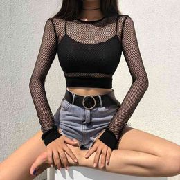SUCHCUTE Sexy Mesh Crop Tops Tee Shirt Femme Hollow Out Black Tshirt Women See Trough Long Sleeve Streetwear Fishnet T Shirt 210322