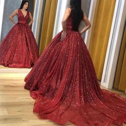 V Stunning Neck Wine Red Ball Gown Prom Dresses 2021 Sequined Sparkle Bling Sleeveless Court Train Evening Gowns Women Elegant s