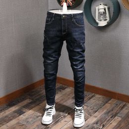 Korean Style Fashion Men Jeans Retro Black Blue Elastic Slim Fit Casual Denim Pencil Pants Vintage Designer Simple Long Trousers