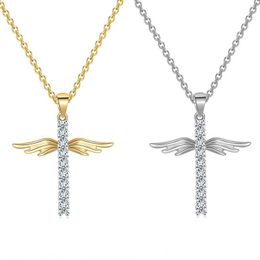 Punk Trendy Cross Rhinestone Necklace for Women Angel Wings Bling Zircon Pendant Clavicle Long Chain Korean Elegant Jewellery