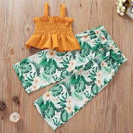 Summer Children Sets Casual Strap Pleated Ruffles Tops Print Palm Leaf Floral Long Pants 2Pcs Girls Clothes 1-5T 210629