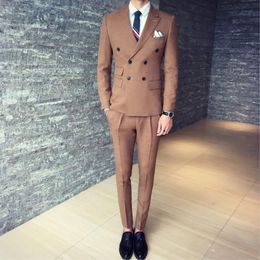 Men's Suits & Blazers TPSAADE Fashion Italian Style Double Breasted Brown Slim Fit Men Tuxedo Groom Wedding Party Dress (jacket + Pants +Fre