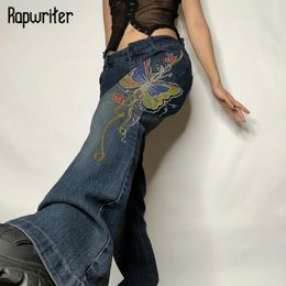 Women's Jeans Rapwriter Harajuku Butterfly Blue Y2K Low Waist Pants For Women Casual High Street Denim Hipster Straight Trousers