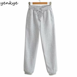 Women Vintage Solid Casual Pants Drawstring Elastic High Waist Loose Thick Trousers Winter Sweatpants pantalon femme 210514