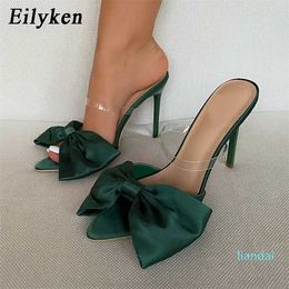 Eilyken Silk Butterfly-knot Women slippers Mule high heels Slippers Sandals flip flops Pointed toe Strappy Slides Party shoes 211224