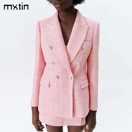 MXTIN Women Spring Vintage Tweed Blazers and Jackets Fashion Double Breasted Long Sleeve Slim Business Female Blazer Coat 210930