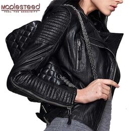 MAPLESTEED Genuine Leather Jacket Women Leather Jacket Sheepskin Black Soft Slim Fit Punk Bomber Female Leather Coat Autumn M049 211007