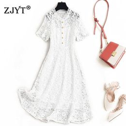 Summer Fashion Women Runway Designers Short Sleeve Hollow Out White Lace Party Dresses 210601