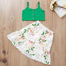 Summer Children Sets Casual Strap Single Breasted Green Solid Tops Print Floral Long Skirt 2Pcs Girls Clothes 1-5T 210629