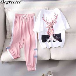 Personality Sports Tracksuit Women's 2 piece Sets Female Flower Letter Print Tshirts and Hit colors Elastic Waist Pants Set 210819