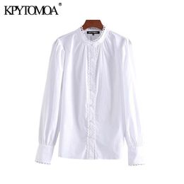 Vintage Sweet Scallop Trim Patchwork Blouses Women Fashion O Neck Long Sleeve Office Wear Shirts Blusas Mujer Chic Tops 210317