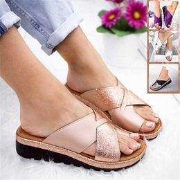 2021 Women Artificial PU Shoes Slippers Orthopaedic Bunion Corrector Comfy Platform Wedge Ladies Casual Big Toe Correction Sandal Y0721