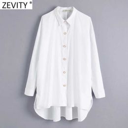 Zevity Women Fashion Diamond Buttons Decoration White Poplin Smock Blouse Office Ladies Loose Shirts Chic Blusas Tops LS7408 210603