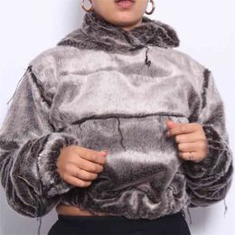 Autumn Winter Fashion Plush Soft Warm Pullover Hoodies Sweatshirt Casual Full Sleeve Oversized Women's Hooded Crop Top Grey 210517