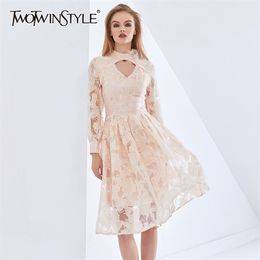 Vintage Patchwork Lace Floral Mesh Dress For Women Long Sleeve High Waist A Line Oversized Dresses Female 210520