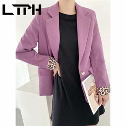 Korean Blazers and Jackets all-match slim mid-length Business Casual Leopard cuff coat women blazer Spring Autumn 210427