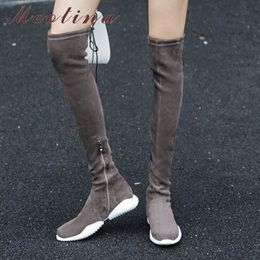 Genuine Leather Flat Over The Knee Boots Kid Suede Long Women Shoes Zipper Lace Up Stretch Autumn Winter 40 210517