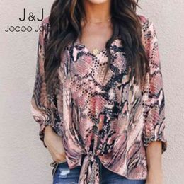 Jocoo Jolee Women Sexy V Neck Loose Shirt Snake Pattern Loose Blouse and Tops Casual Lace Up Bow Shirt Blusas Female Tunic 210518