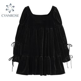 Dress For Woman Party Black Long Sleeve Lace Up Square Collar Vintage Midi Crop Female Elegant Korean Spring Vestidos 210515