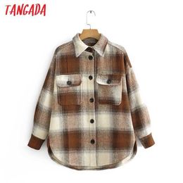 Tangada Women brown plaid thick Coats Jacket Loose Long sleeves pocket Ladies Elegant Autumn Winter coat 3R7 210609