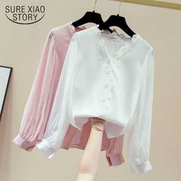 White Shirt Autumn Lace Blouse V-neck Chiffon Shirt Womens Sexy Tops Hollow Out Korean Style Solid Pullover Office Lady 11161 210527